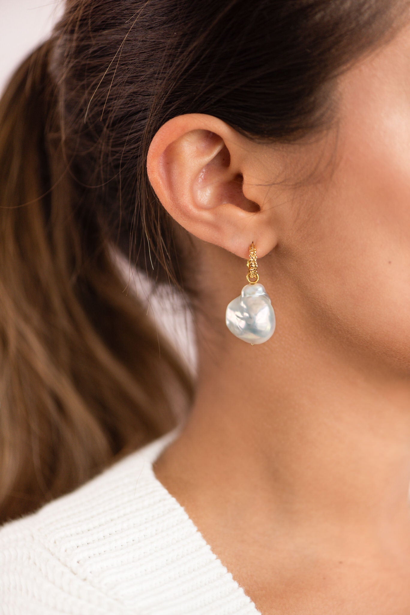 Baroque Pearl Drop Huggies Earrings Sterling Silver