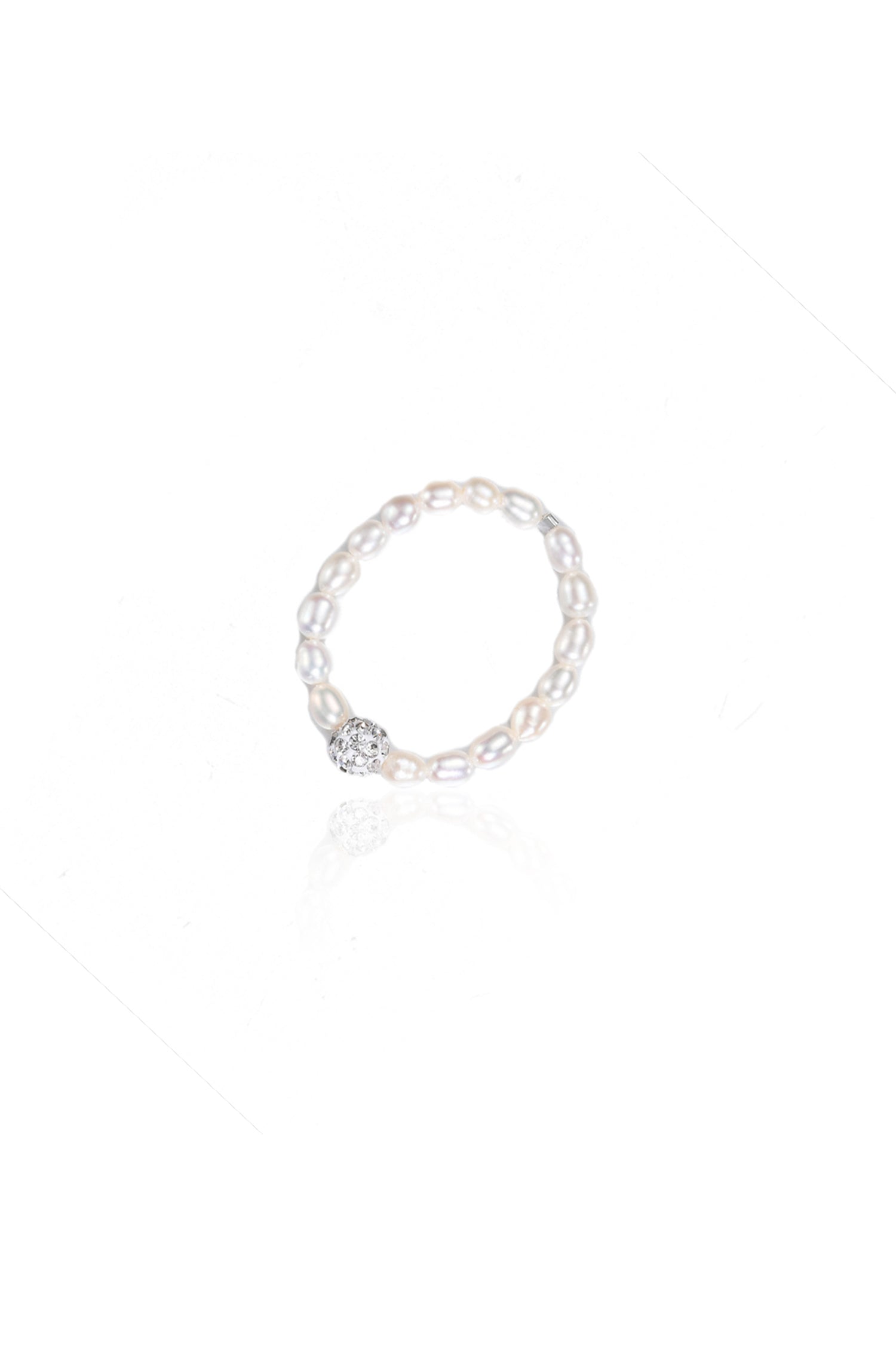 Freshwater Pearl with Crystal Bead Elastic Stacking Ring White Background