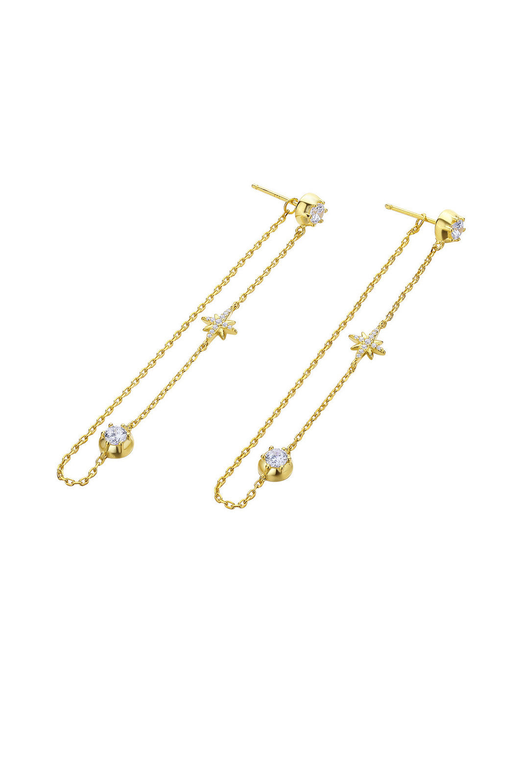 Gold Plated Silver Star Chain Drop Earrings White Background