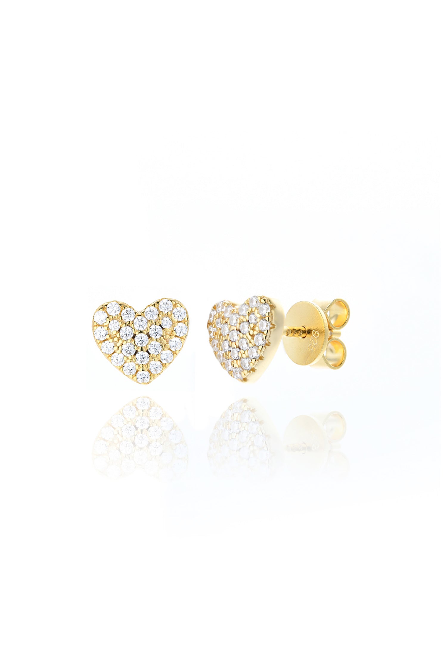  Pave Heart Stud Earrings 14k Gold Plated Sterling Silver White Background