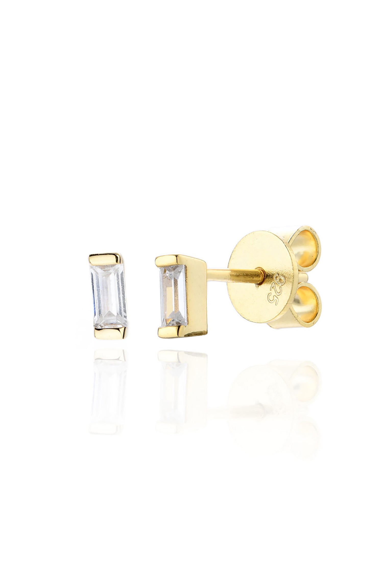  Baguette White Crystal Stud Earrings 14k Gold Plated Sterling Silver White Background
