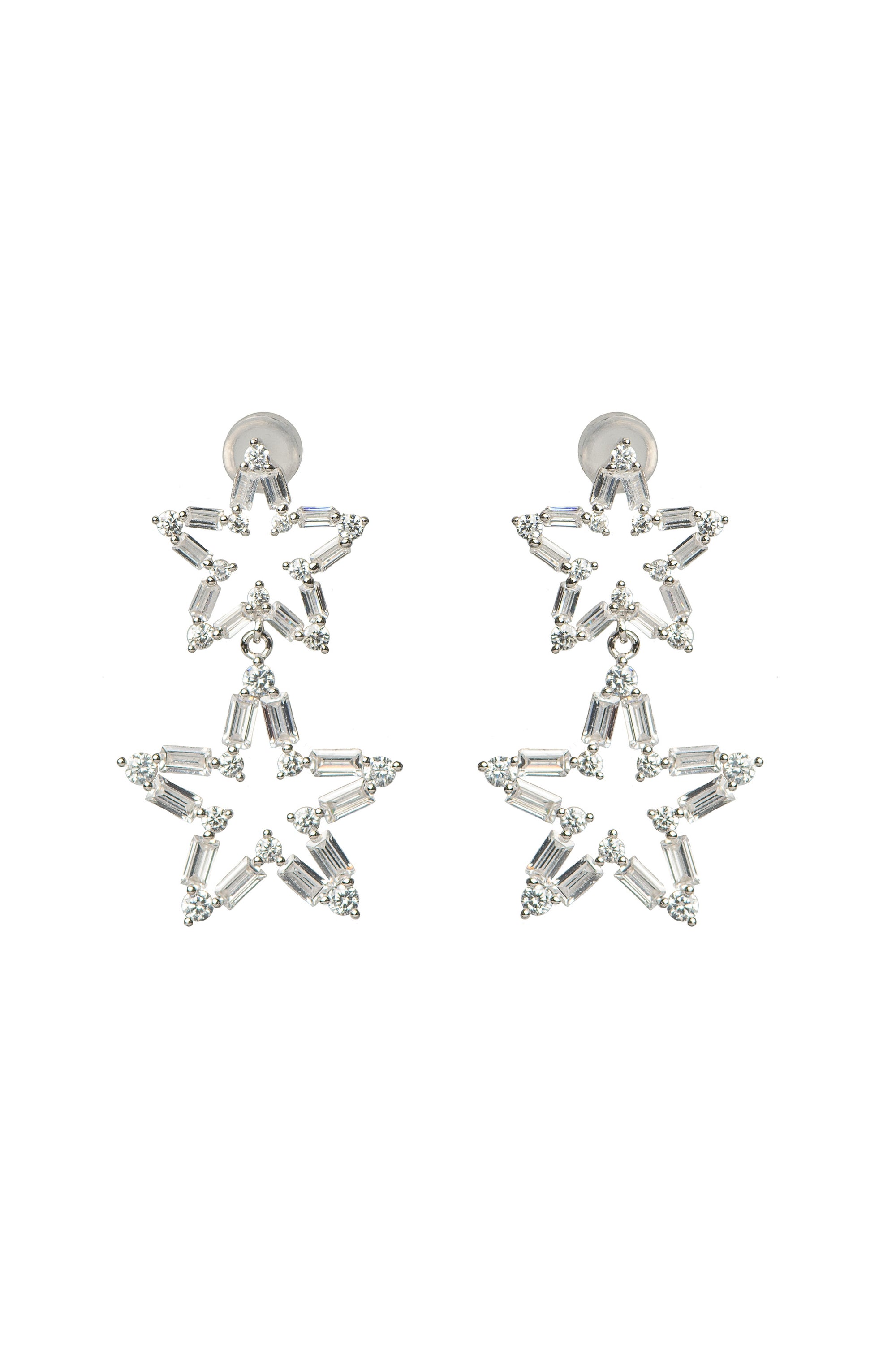 Silver Star Baguette Set Drop Earrings