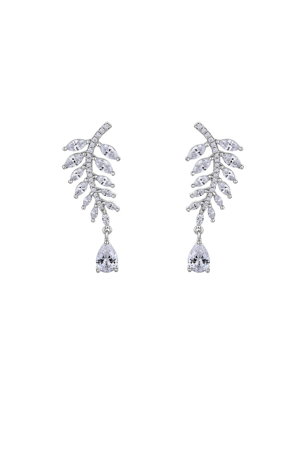 Falling Leaves White Sparkle Silver Stud Earrings