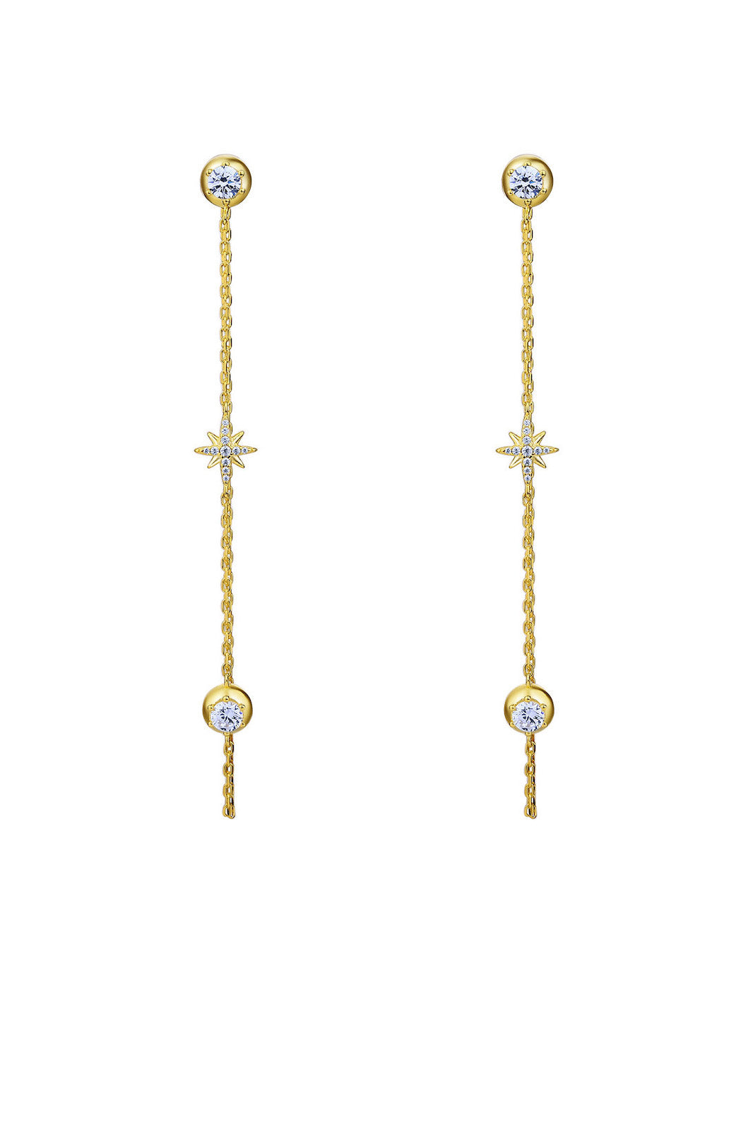 Gold Plated Silver Star Chain Drop Earrings White Background