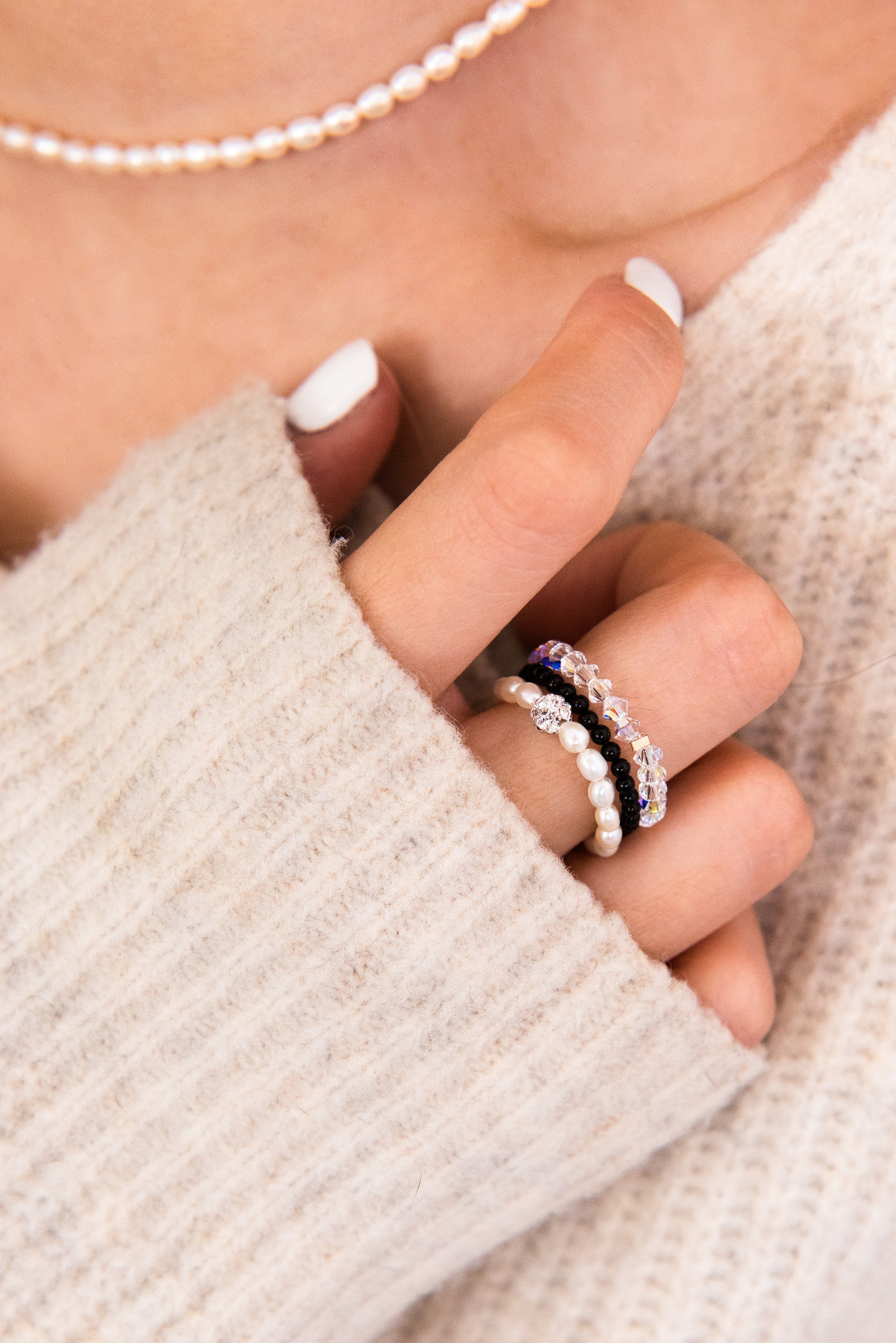 Handmade White Sparkle Swarovski Crystal Bead Ring 14k Gold Filled White Background