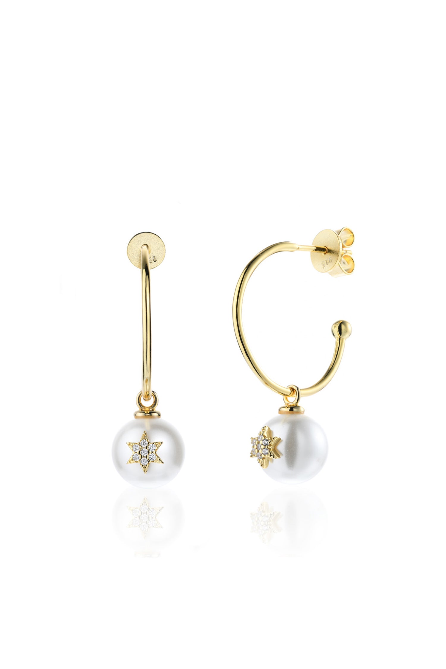  Pave Star Single Pearl Drop Earring 14k Gold Plated Sterling Silver White Background