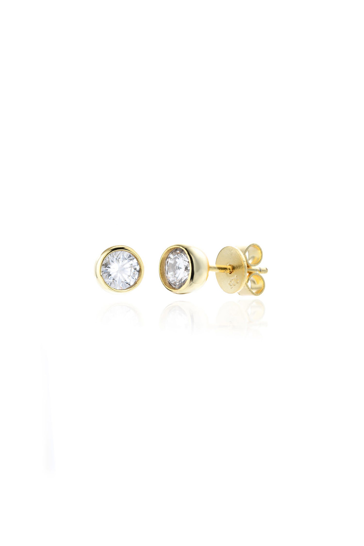 Single Dimaond Cut White Crystal Stud Earrings 14k Gold Plated Sterling Silver White Background