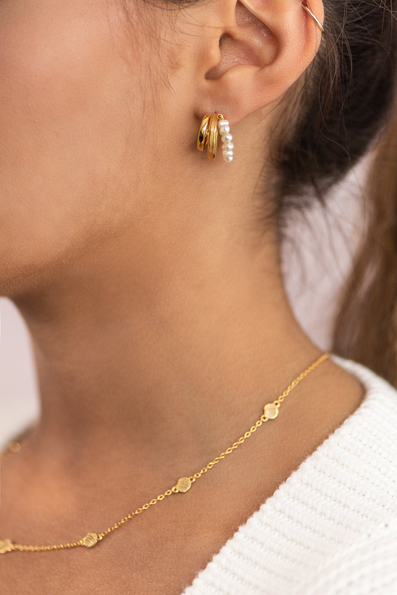 Triple Pearl Hoop Huggies Earrings Gold Vermeil
